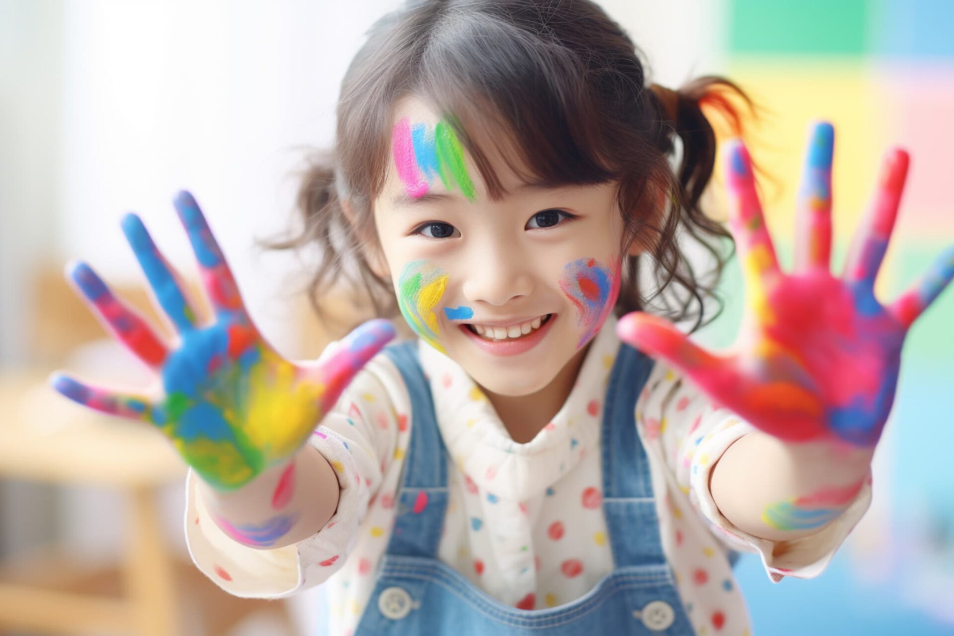 両手や顔に絵具をつけて笑顔で絵具遊びをする子ども