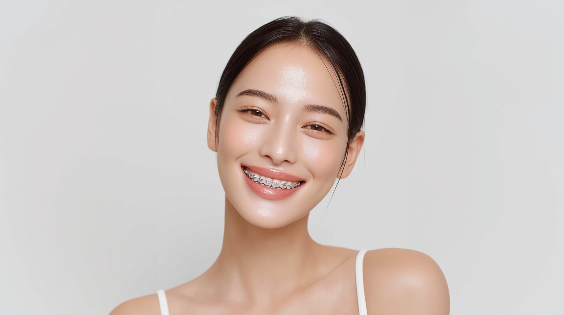 ワイヤー矯正で出っ歯を治療する笑顔の女性