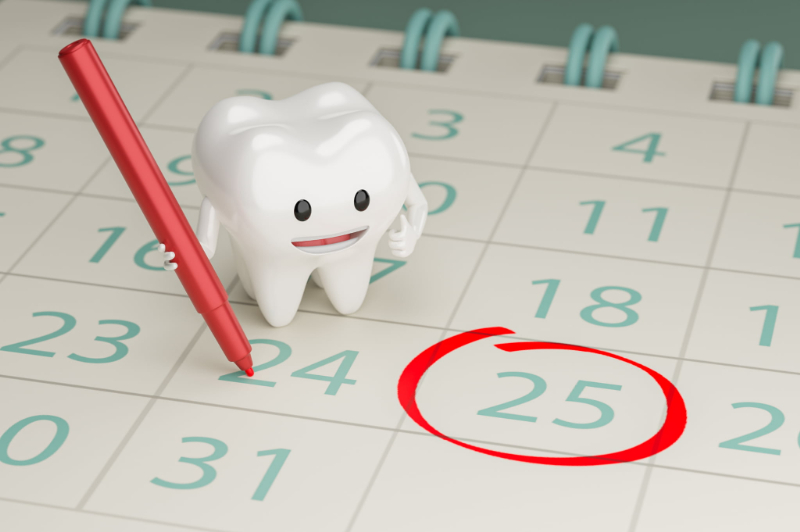 虫歯予防に定期的に歯科検診を受けるイメージのカレンダーと歯のキャラクター