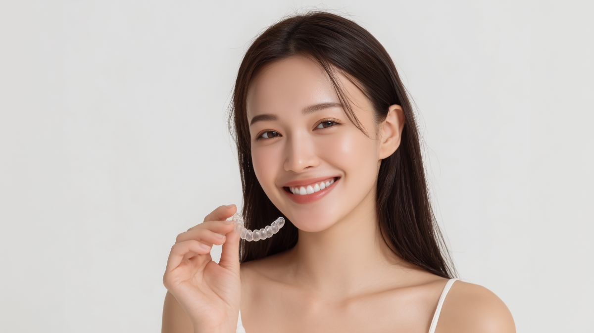 マウスピース矯正治療中の女性