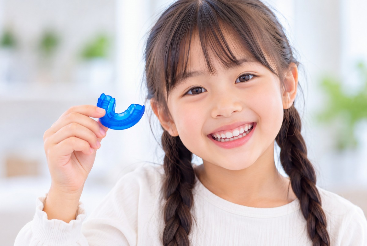 小児矯正の装置を手にした笑顔の子ども
